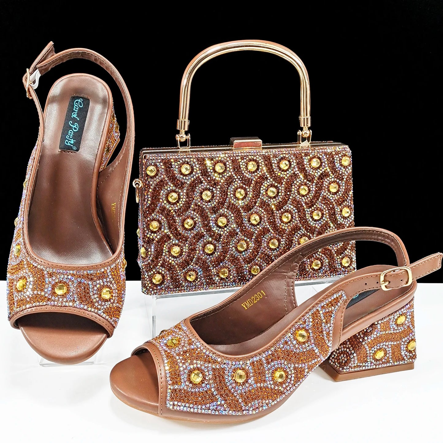 Queena Yan Square Heel Shoes! Hand-held Three-Dimensional Bag and Shoes Set From the Same Series/Open Toe Shoes and Evening Bag