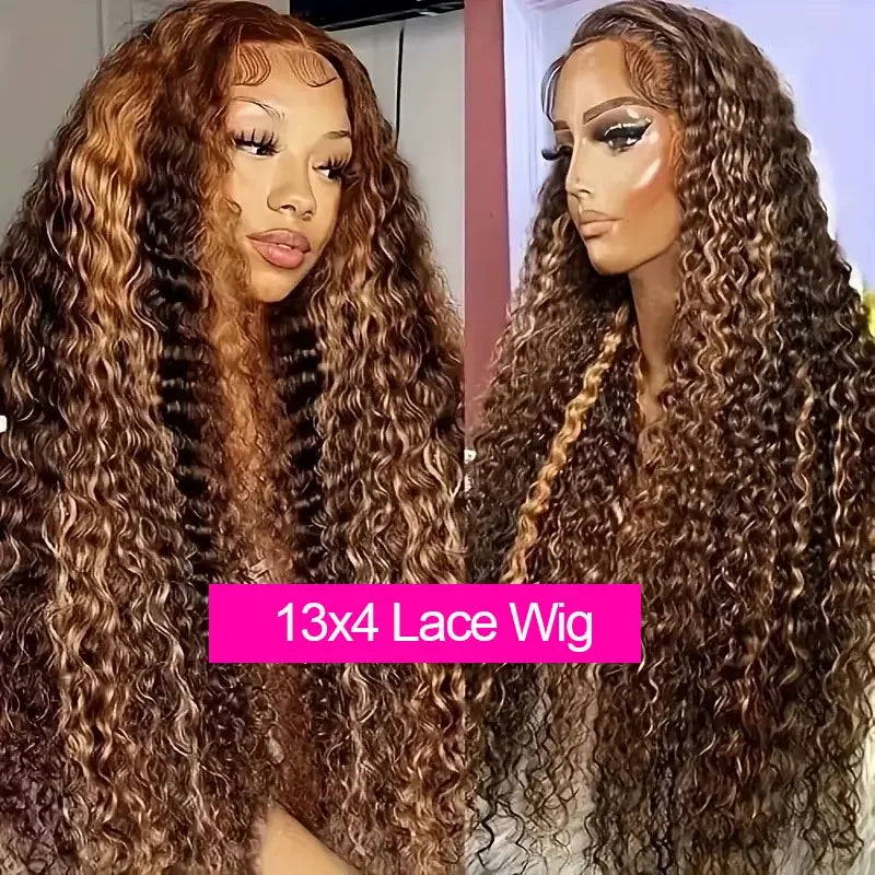 30 Inch 300 Density Highlight Honey Brown Curly Lace Front Human Hair Wigs 13x4 Ombre Colored Deep Wave Lace Frontal Wig