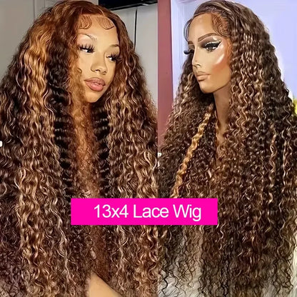 30 Inch 300 Density Highlight Honey Brown Curly Lace Front Human Hair Wigs 13x4 Ombre Colored Deep Wave Lace Frontal Wig