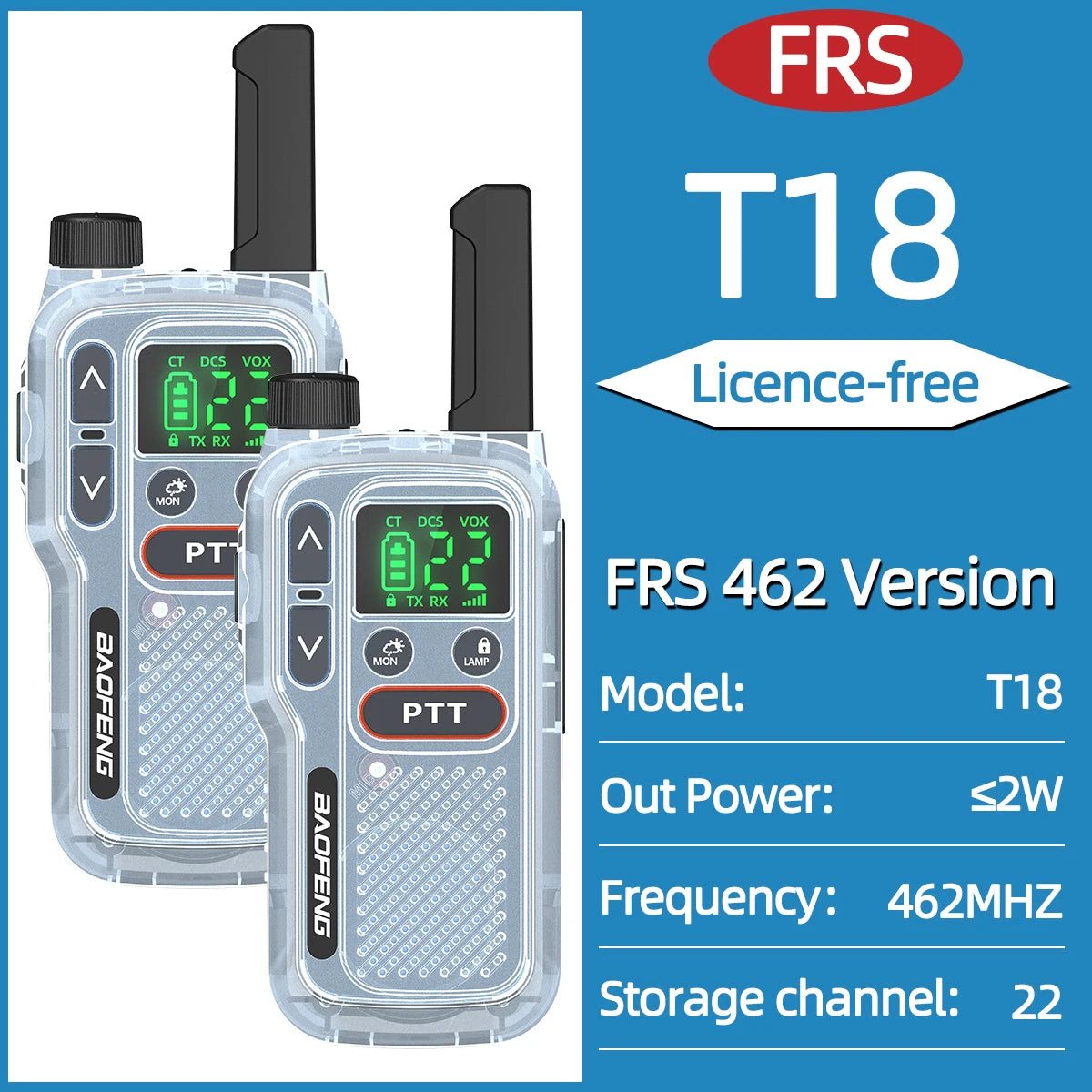 2pcs Baofeng T18 Mini Walkie Talkie Long Range PMR FRS Rechargable Portable Two Way Radio Type-C Charger VOX for Camping Trip