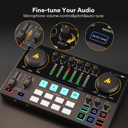 MAONO AME2 Audio Interface Mixer Podcast Studio Console with XLR Input 48V Phantom Power for PC Podcast Recording Live Streaming