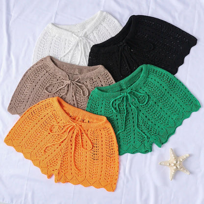 Swim Vacation Beach Plain Color Hollow-Out Knit Cover-Up Shorts, For Summer