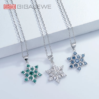 GIGAJEWE 1ct Green Blue Moissanite 18K White Gold Plated Silver Snowflake Necklace 2022 Christmas Limited Edition Gift