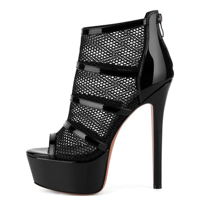 Onlymaker Women Peep  Toe Platform Mesh Stiletto Booties Sandals Back Zipper Thin Heel  Ankle Boots