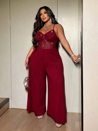 Plus-size women's sexy wide-leg jumpsuit, a stylish backless jumpsuit with shimmering stretch mesh, suitable for dates, parties
