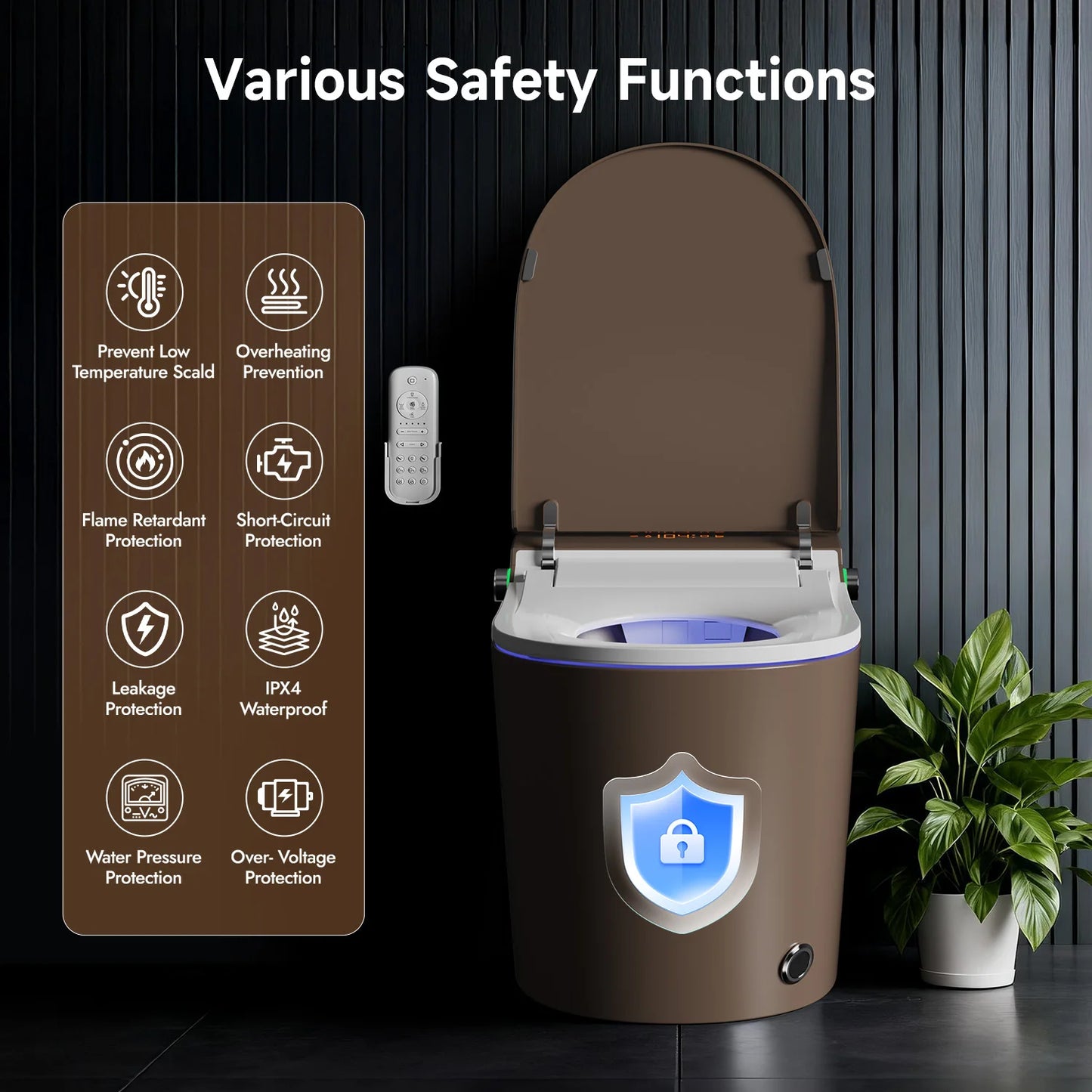 Brown Smart Tankless Toilet 1.28 GPF Dual-Flush Auto Flush Heated Seat Bidet Warm Wash Dryer Auto Open Soft-Close Sterilization