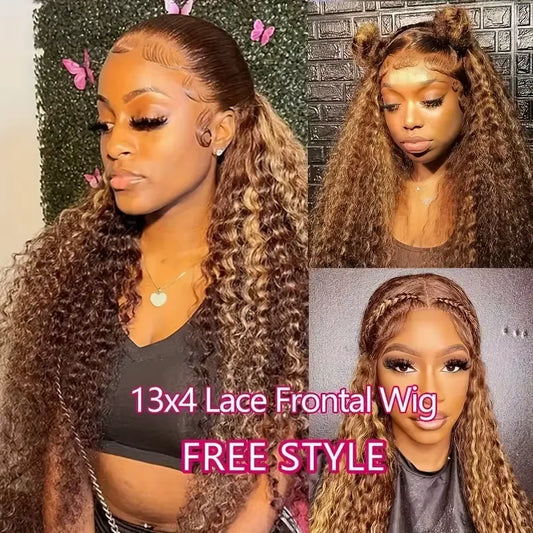 30 Inch 300 Density Highlight Honey Brown Curly Lace Front Human Hair Wigs 13x4 Ombre Colored Deep Wave Lace Frontal Wig