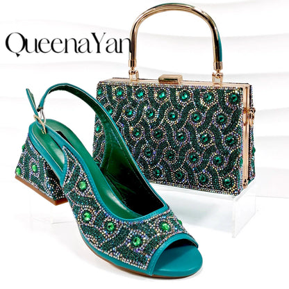 Queena Yan Square Heel Shoes! Hand-held Three-Dimensional Bag and Shoes Set From the Same Series/Open Toe Shoes and Evening Bag