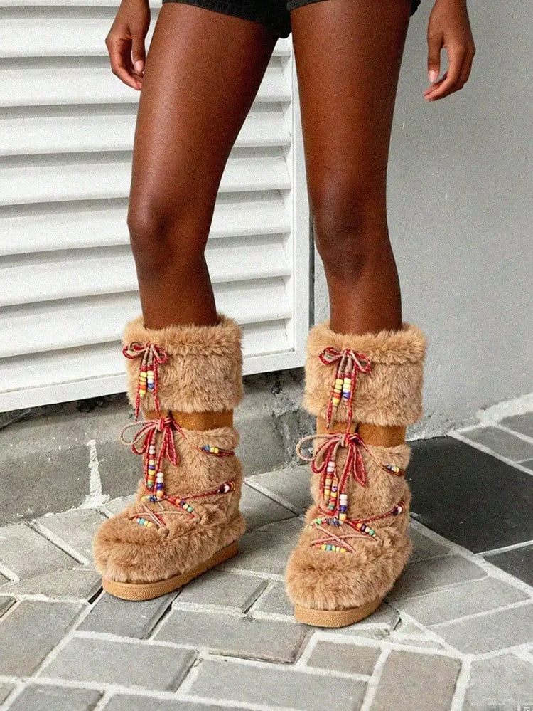 Women Furry Boots Round Toe Flat Slip-on Winter Snow Warm Boots Women Faux Fur Fluffy Warm Boot Fashion Outdoor Mid-Calf Boots Winter Party Flat Shoes