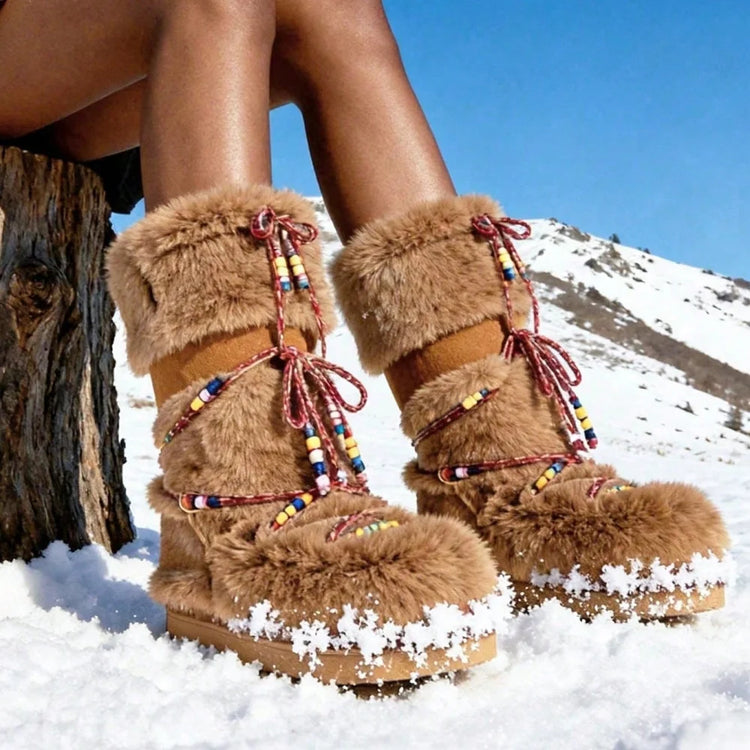 Women Furry Boots Round Toe Flat Slip-on Winter Snow Warm Boots Women Faux Fur Fluffy Warm Boot Fashion Outdoor Mid-Calf Boots Winter Party Flat Shoes