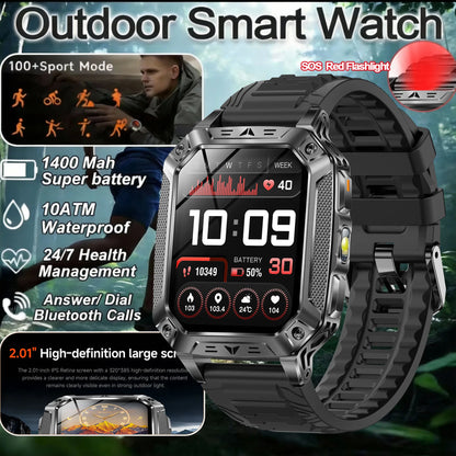 2026 New Military Grade 1400mAh Sports Smart Watch 10ATM Waterproof Flashlight Heart Rate Bluetooth Call Outdoor Smartwatch Men