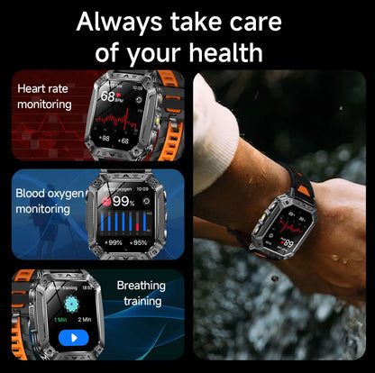 2026 New Military Grade 1400mAh Sports Smart Watch 10ATM Waterproof Flashlight Heart Rate Bluetooth Call Outdoor Smartwatch Men