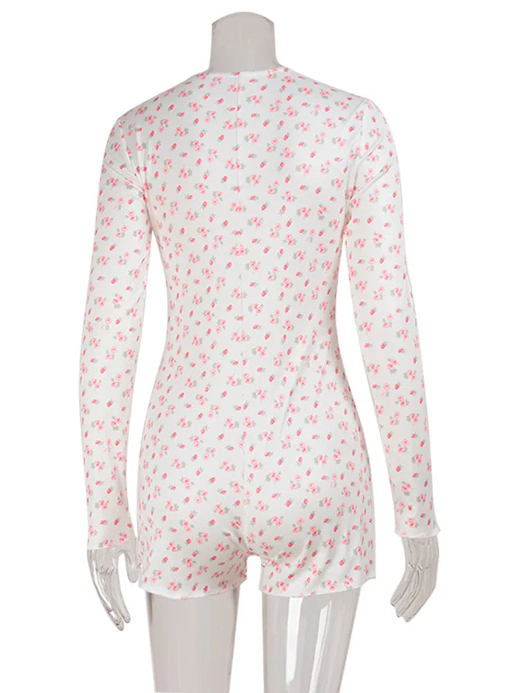 Ahagaga Casual Women Playsuits O-Neck Regular Long Sleeves Print Single Breasted Skinny Homewear Floral Sweet Femlae Rompers