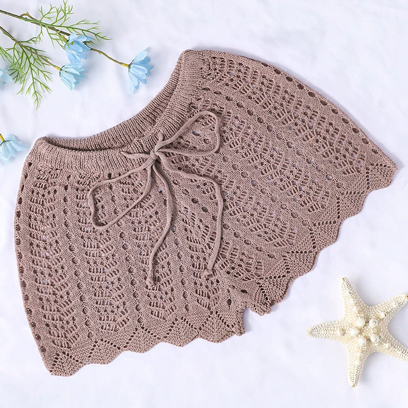 Swim Vacation Beach Plain Color Hollow-Out Knit Cover-Up Shorts, For Summer