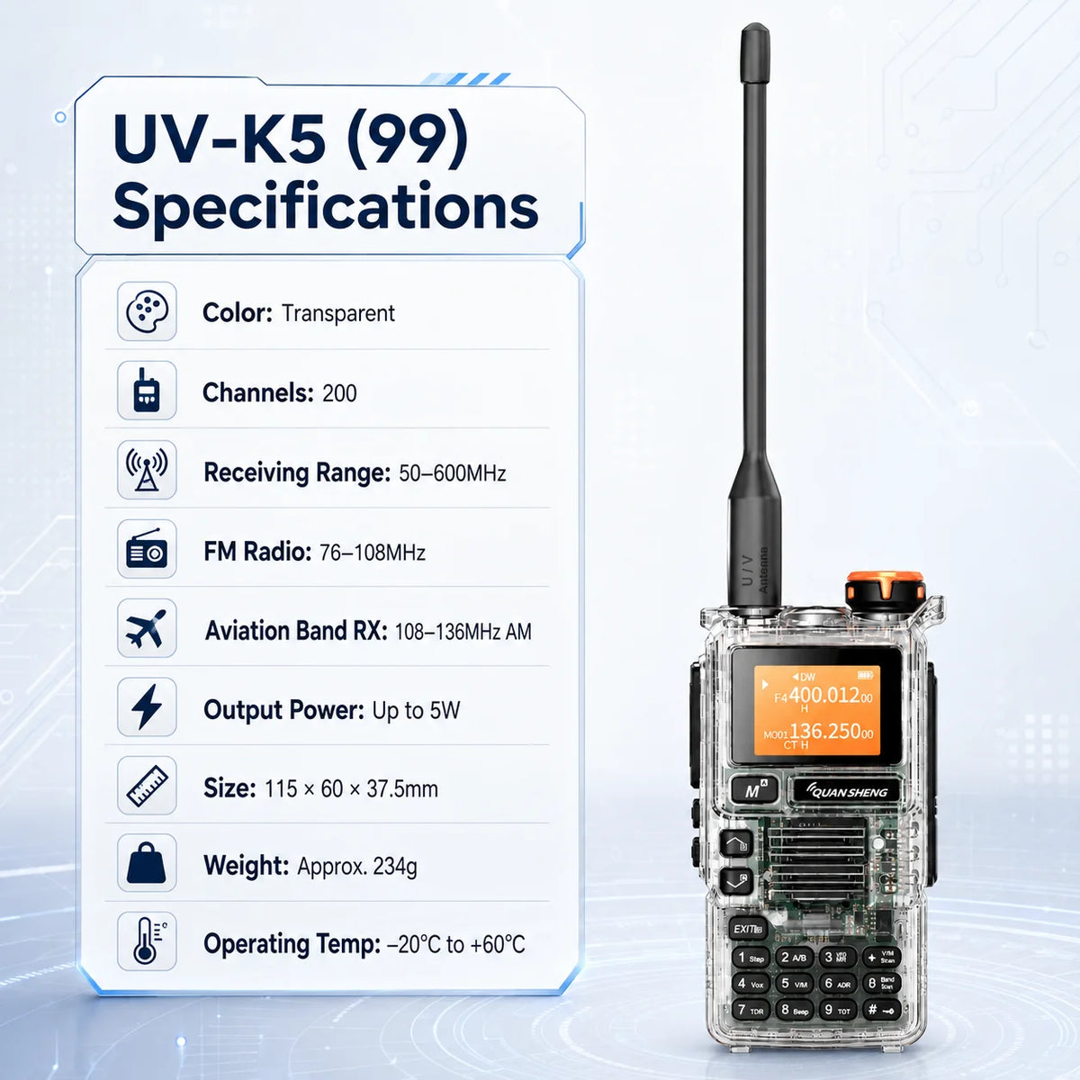 Quansheng UV-K5(99) 5W Air Band Walkie Talkie Type-C Rechargeable UHF VHF DTMF FM Scrambler NOAA Two Way CB Radio
