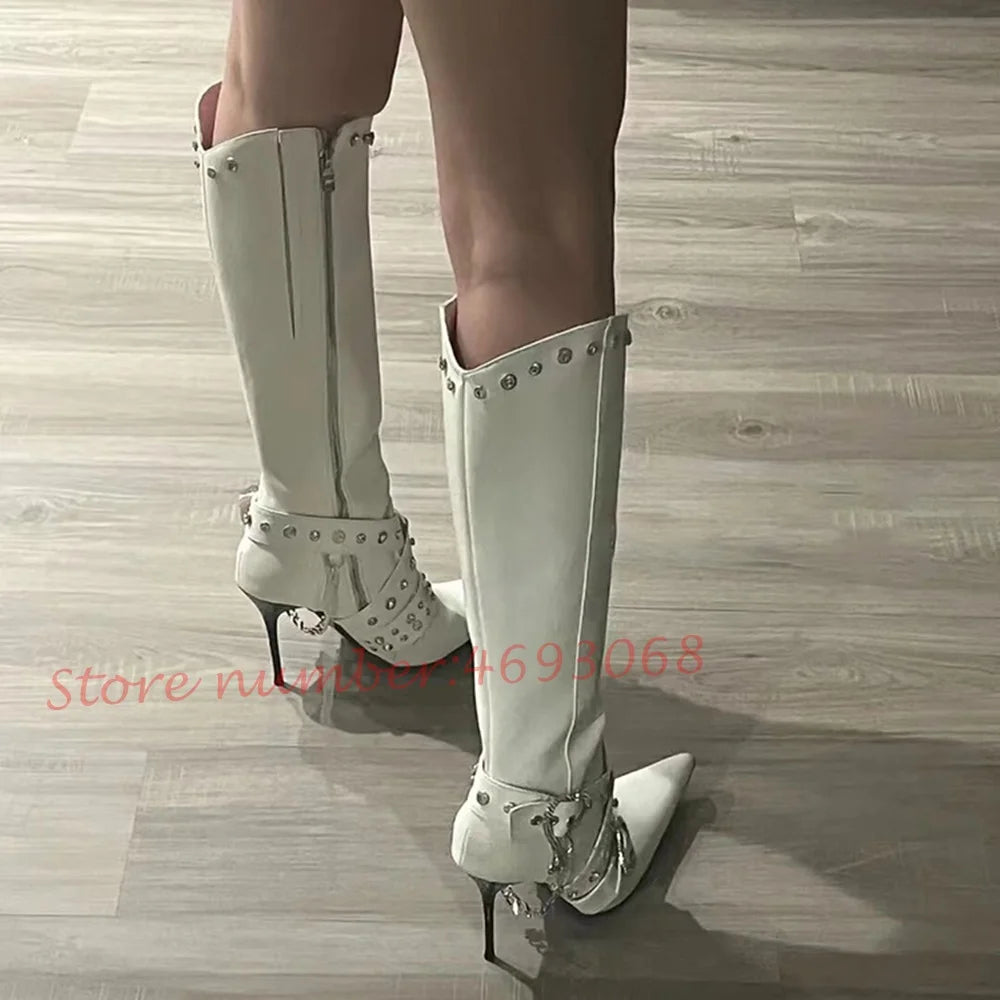 Pointy Hottie Biker Long Boots Women Sexy Crystal Rivets Belt Buckle Stiletto Heels White Boots Winter Outfit Fashion Lady Shoes