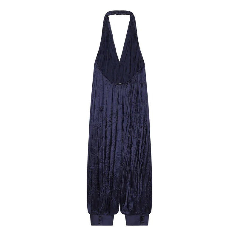 Women Deep V Halter Jumpsuits Summer Pleated Loose Backless Long Pants Rompers Casual Beach Party Sleeveless Overalls Vestidos