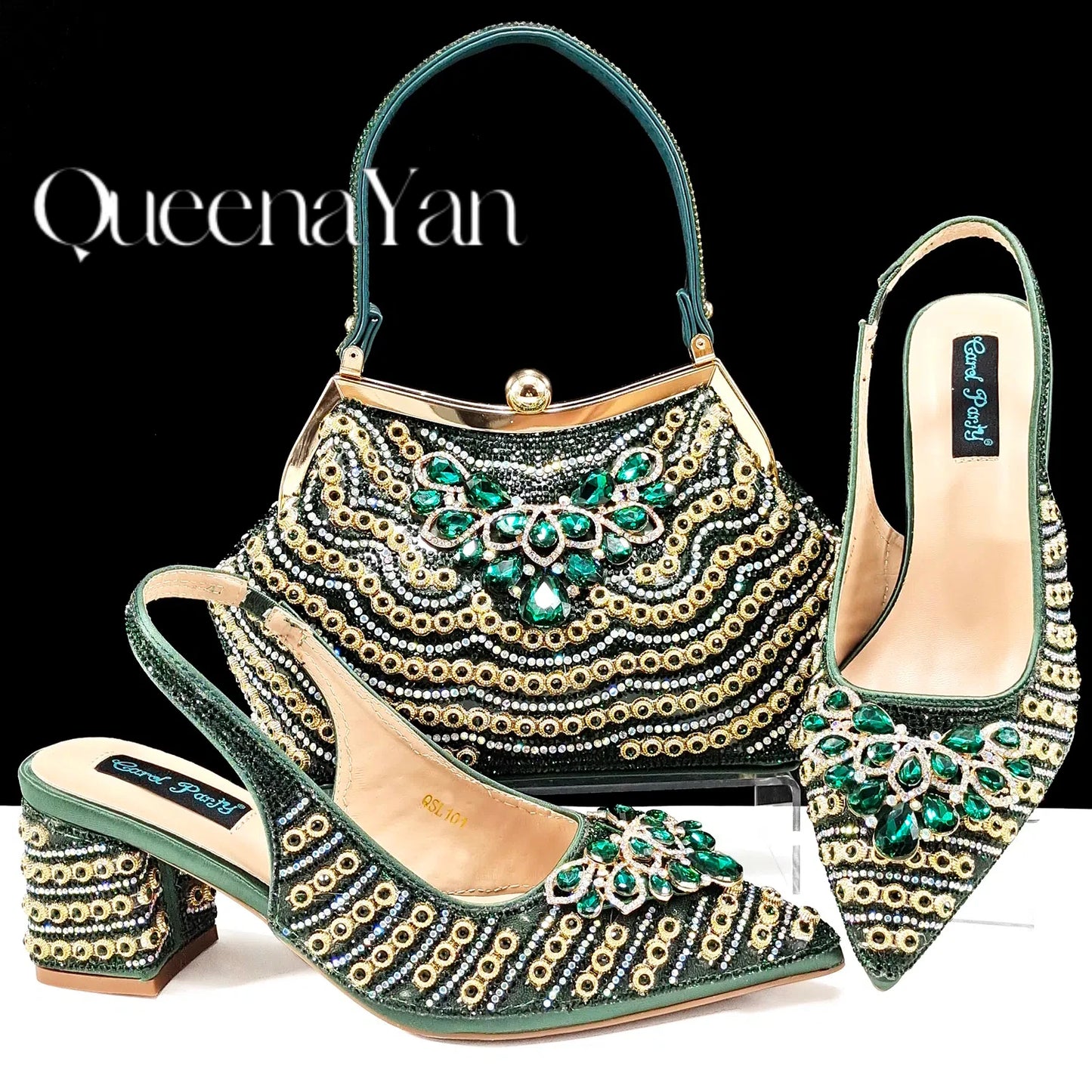 QUEENA Yan  Dazzling Dreams: Full Rhinestone High Heels and Coordinated Bag for Timeless Style