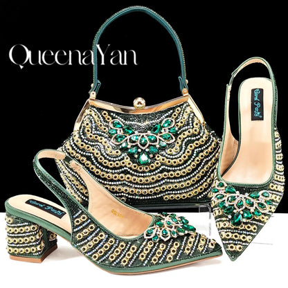 QUEENA Yan  Dazzling Dreams: Full Rhinestone High Heels and Coordinated Bag for Timeless Style