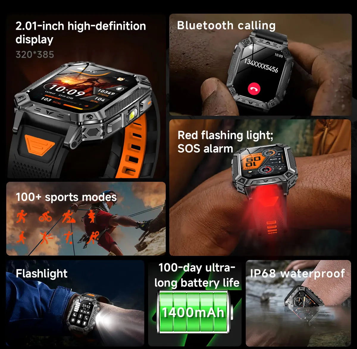 2026 New Military Grade 1400mAh Sports Smart Watch 10ATM Waterproof Flashlight Heart Rate Bluetooth Call Outdoor Smartwatch Men
