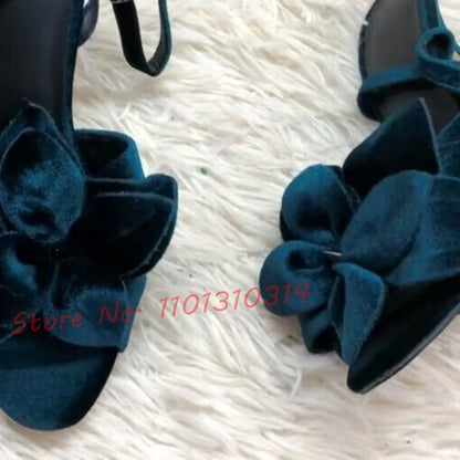 Purple Suede Flower Heels Sandals Women Elegant Pretty High Heels Party Luxury Sandals Runway Female Ankle Wrap Large Size Shoes