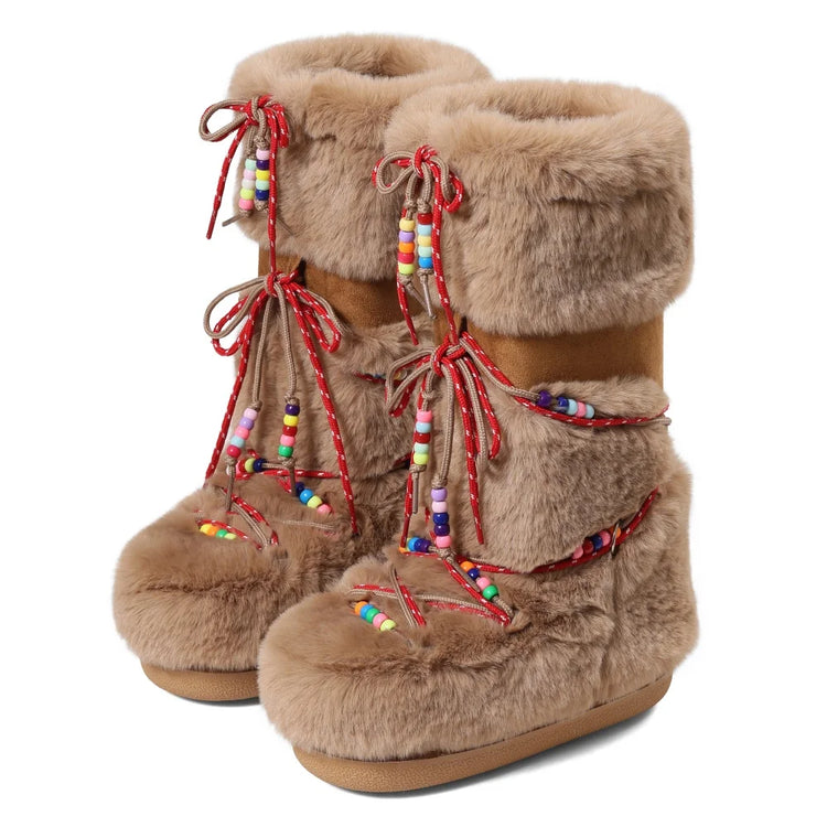 Women Furry Boots Round Toe Flat Slip-on Winter Snow Warm Boots Women Faux Fur Fluffy Warm Boot Fashion Outdoor Mid-Calf Boots Winter Party Flat Shoes