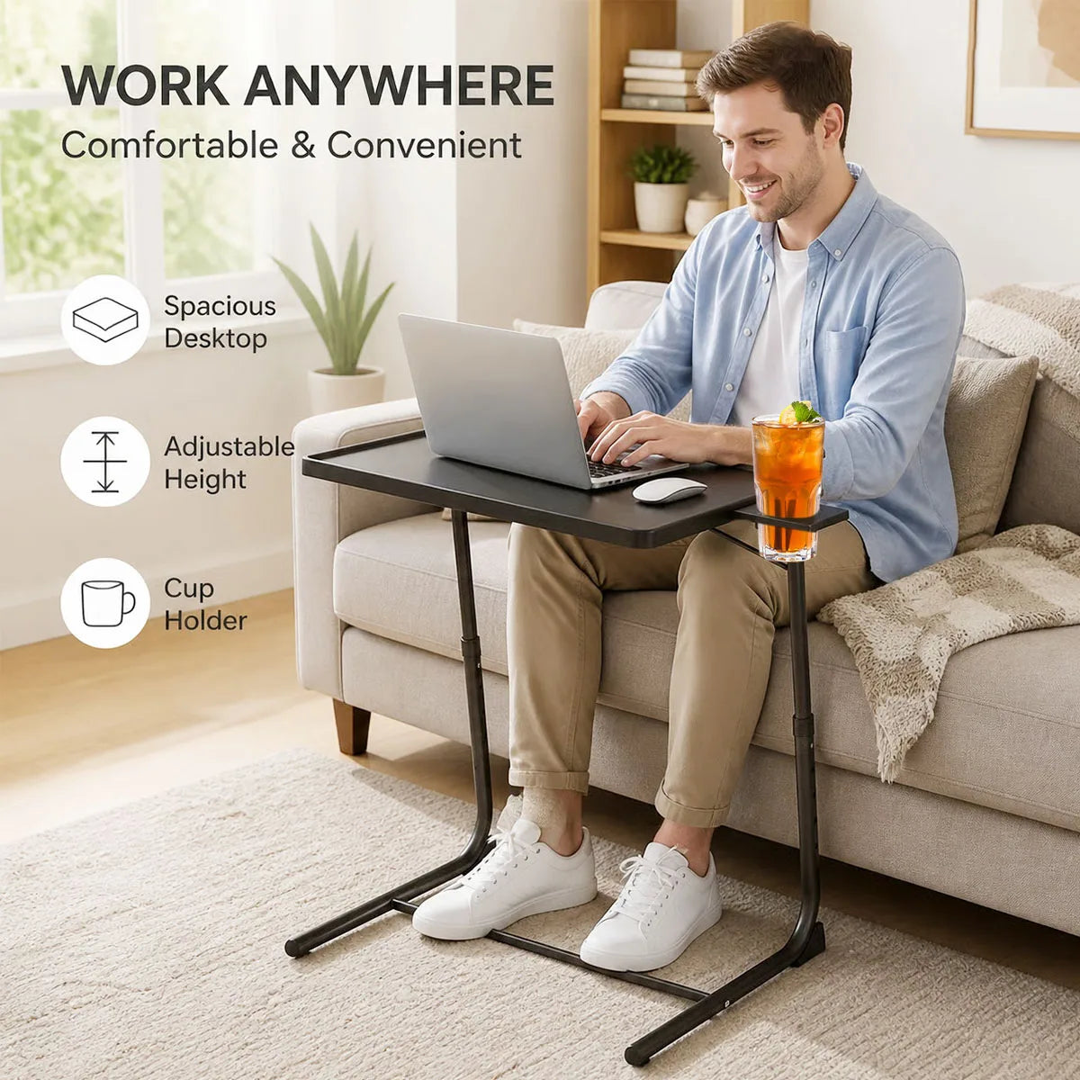 Adjustable Laptop Bed Table 6‑Level Height 3‑Angle Tilt Foldable Side Desk with Cup Holder Metal Frame Portable Reading Eating Table for Bed Sofa Wheelchair Home Office