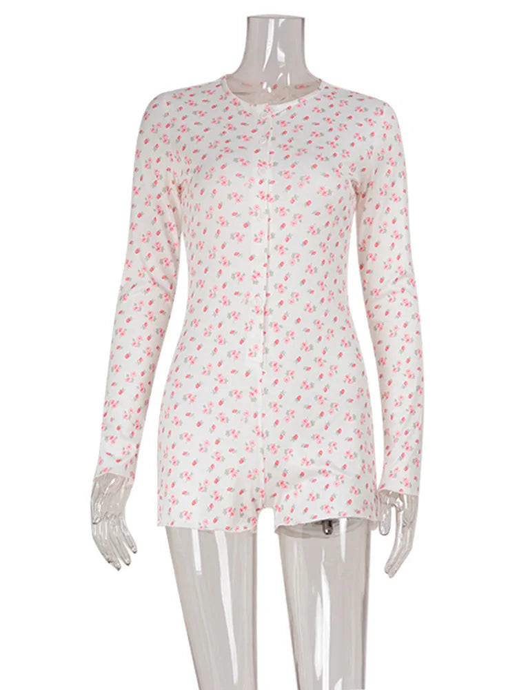 Ahagaga Casual Women Playsuits O-Neck Regular Long Sleeves Print Single Breasted Skinny Homewear Floral Sweet Femlae Rompers