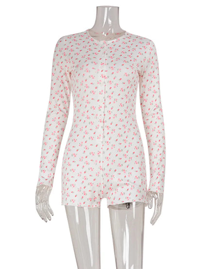 Ahagaga Casual Women Playsuits O-Neck Regular Long Sleeves Print Single Breasted Skinny Homewear Floral Sweet Femlae Rompers