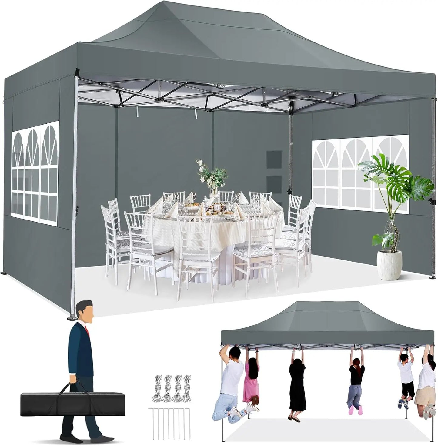 10x15 Pop up Canopy Tent Heavy Duty Gazebo with 4 Sidewalls,UPF 50+ All Weather Waterproof Commercial Outdoor Wedding Party Tent