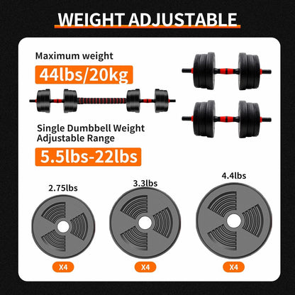 5-44lbs Adjustable Dumbbell to Barbell Set, Anti-Slip Grip, Versatile Home Gym Fitness Strength Training Barbell Weight Plates
