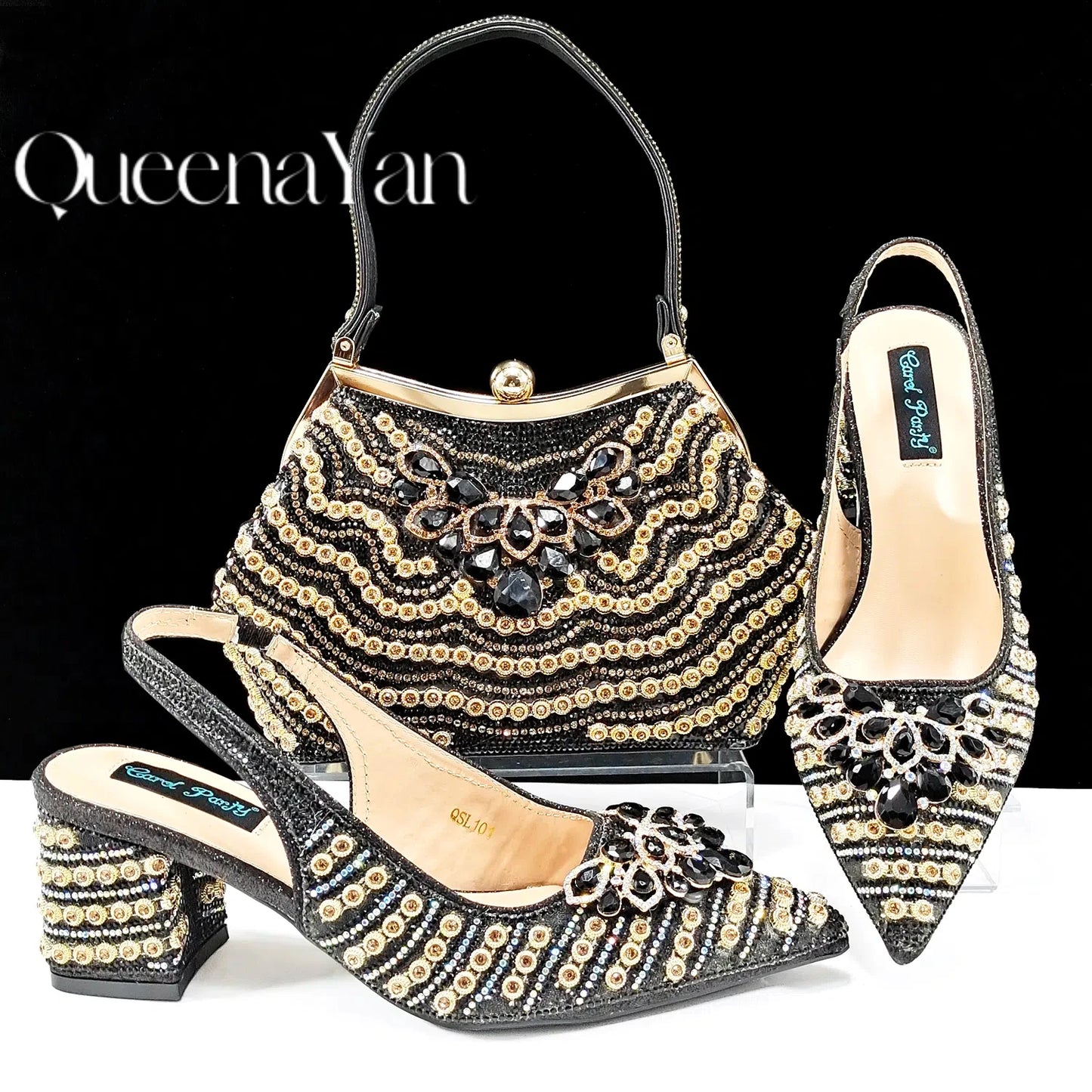 QUEENA Yan  Dazzling Dreams: Full Rhinestone High Heels and Coordinated Bag for Timeless Style