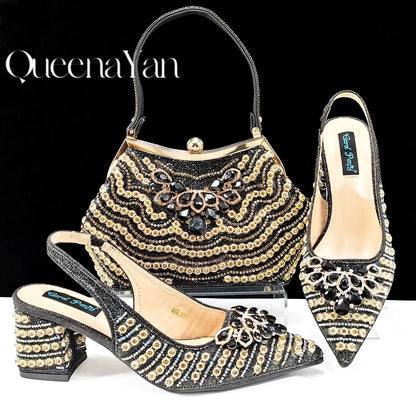 QUEENA Yan  Dazzling Dreams: Full Rhinestone High Heels and Coordinated Bag for Timeless Style