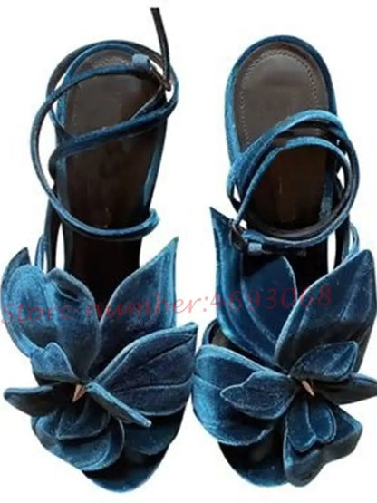 Purple Suede Flower Heels Sandals Women Elegant Pretty High Heels Party Luxury Sandals Runway Female Ankle Wrap Large Size Shoes
