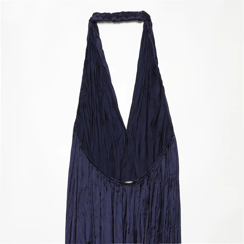 Women Deep V Halter Jumpsuits Summer Pleated Loose Backless Long Pants Rompers Casual Beach Party Sleeveless Overalls Vestidos