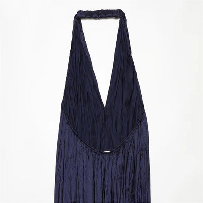 Women Deep V Halter Jumpsuits Summer Pleated Loose Backless Long Pants Rompers Casual Beach Party Sleeveless Overalls Vestidos