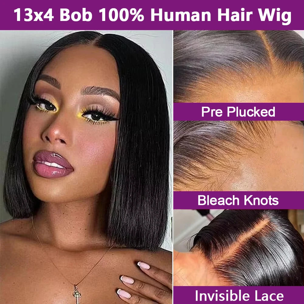 220% Density Straight 13x4 Lace Frontal Short Bob Wigs 100% Human Hair 4x4 Lace Closure Wig Virgin Bob Wigs #1B Natural Black