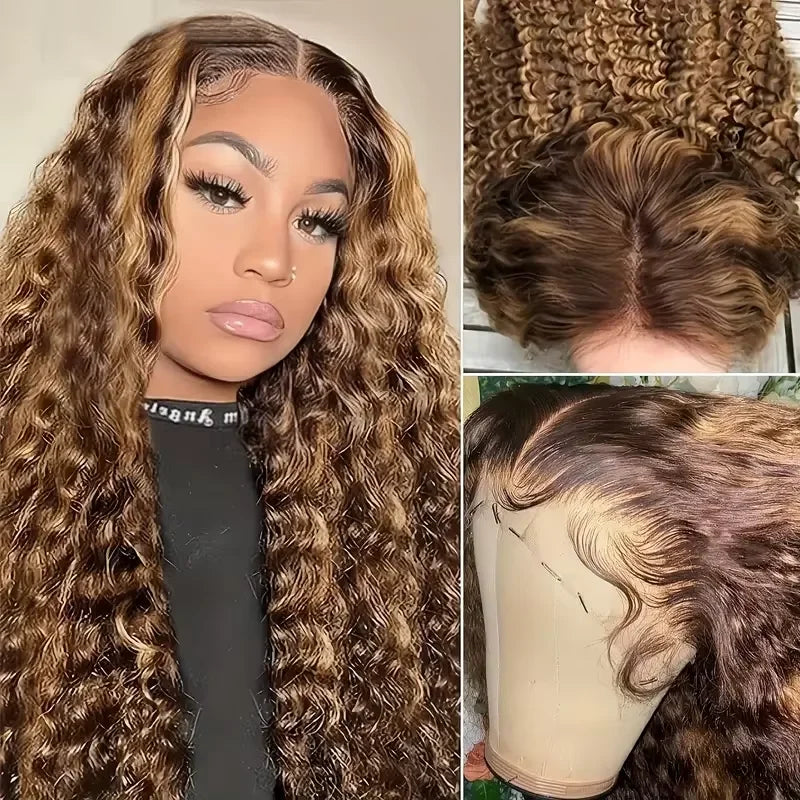30 Inch 300 Density Highlight Honey Brown Curly Lace Front Human Hair Wigs 13x4 Ombre Colored Deep Wave Lace Frontal Wig