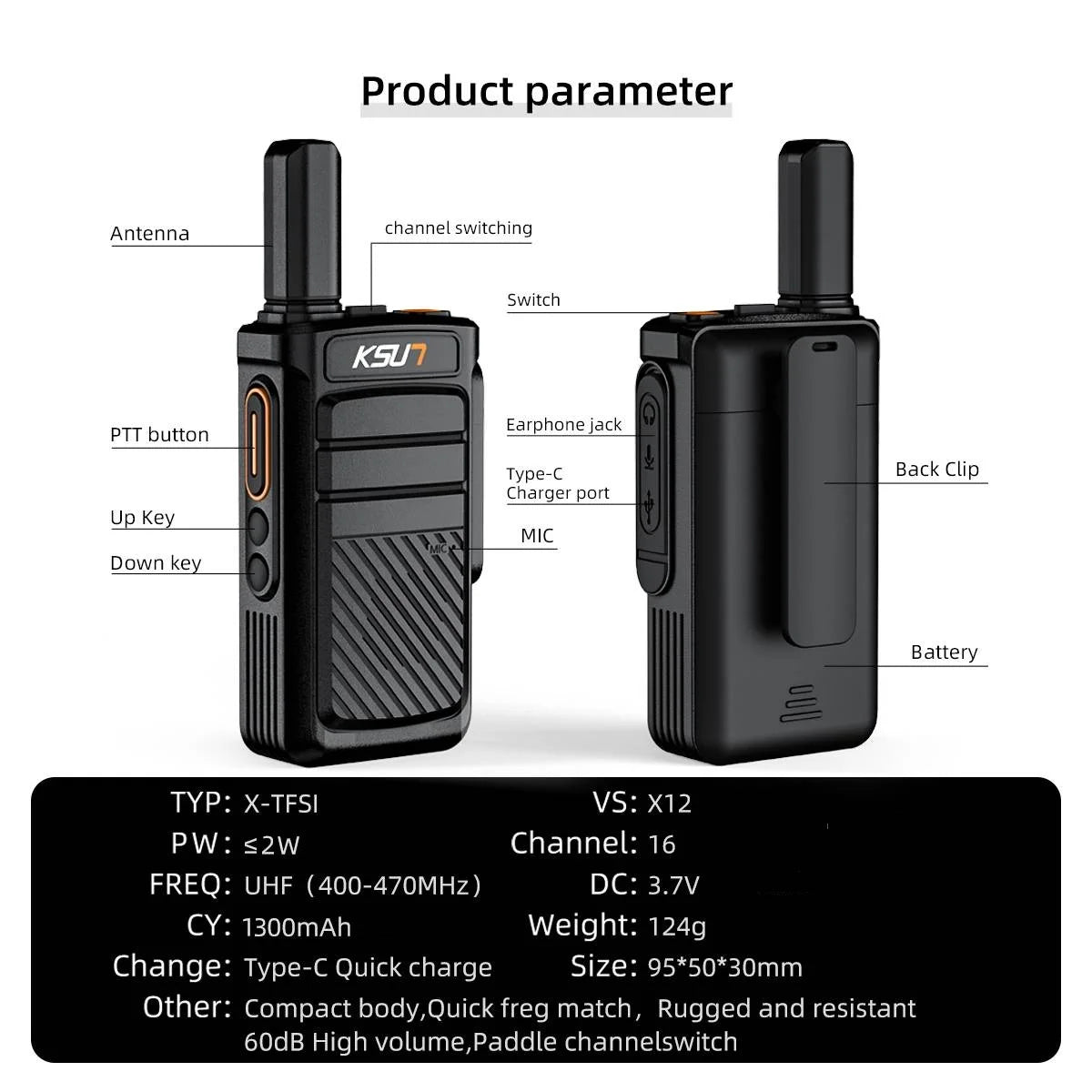 License Free Walkie Talkie 2 Pcs Wireless Copy Portable Radio Station UHF Type-C Charging Two Way Radio for Hotel Restaurant X12