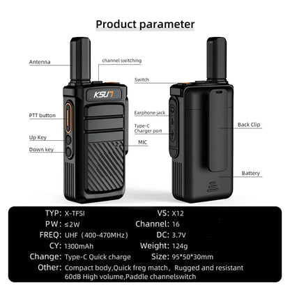 License Free Walkie Talkie 2 Pcs Wireless Copy Portable Radio Station UHF Type-C Charging Two Way Radio for Hotel Restaurant X12