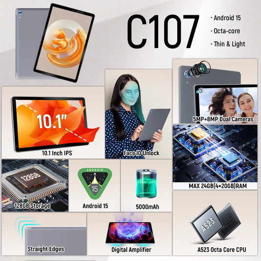 BUFO C107 10.1 Inch A523 Octa Core Tablet 24GB RAM 128GB ROM Android 15 1280*800 LCD Screen 5000mAh Battery Dual Camera TF Card 1TB Expand Type-C Charging Portable Tablet for Study Entertainment Black Gray