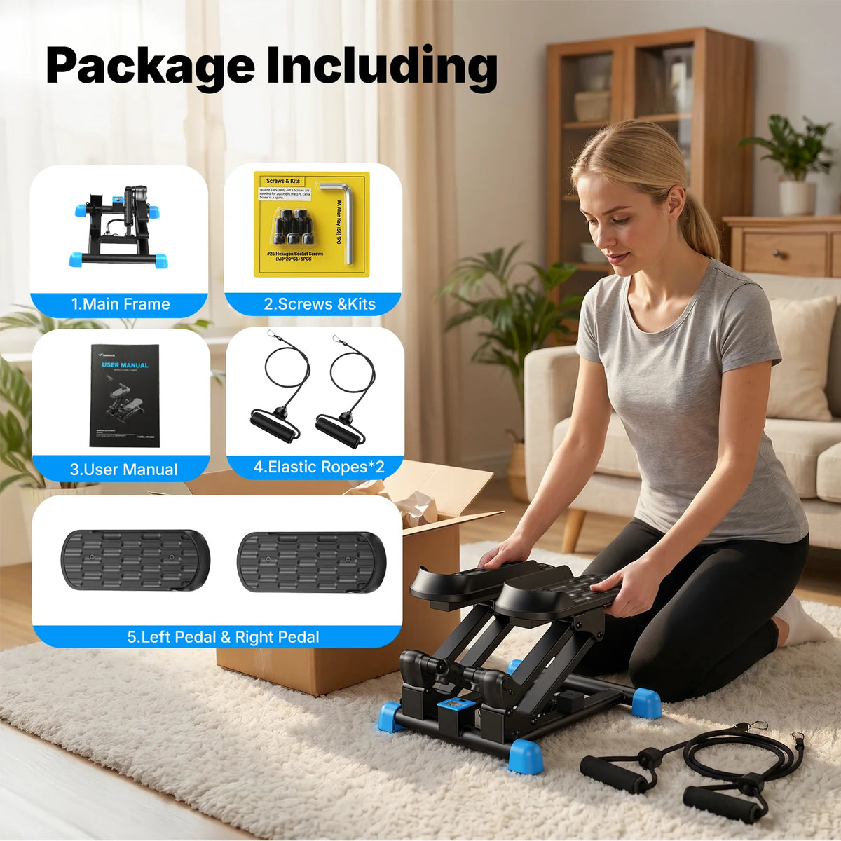 MERACH New 3-in-1 Mini Stepper with Large Stride & Shock Pad Design 3-in-1 Stair Stepper, Large Stride & High Resistance Design, High Elastic & Silent Shock Absorption, with Resistance Band