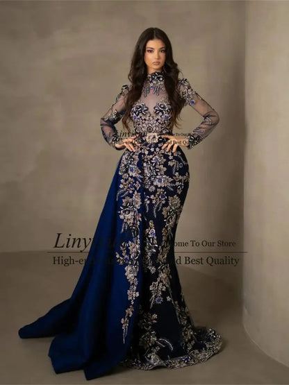 Customized Mermaid Prom Dresses With Lace Applique High Neck Formal Evening Party Gowns Luxury Beadeds Birthday vestidos de gala