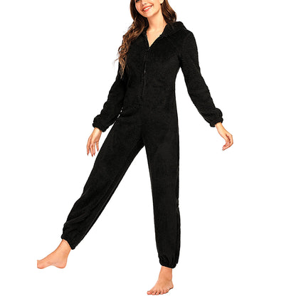 Women Winter Warm Plush Romper Pajamas Solid Color Long-Sleeve Zipper High Neck Hooded Homewear S/M/L/XL/2XL