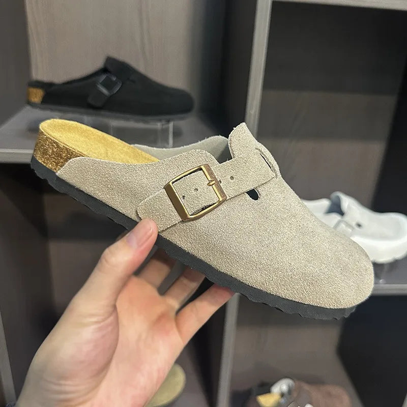 Women Men Suede Leather Clogs Adjustable Buckle Cork Footbed Non-slip Casual Mules Slippers