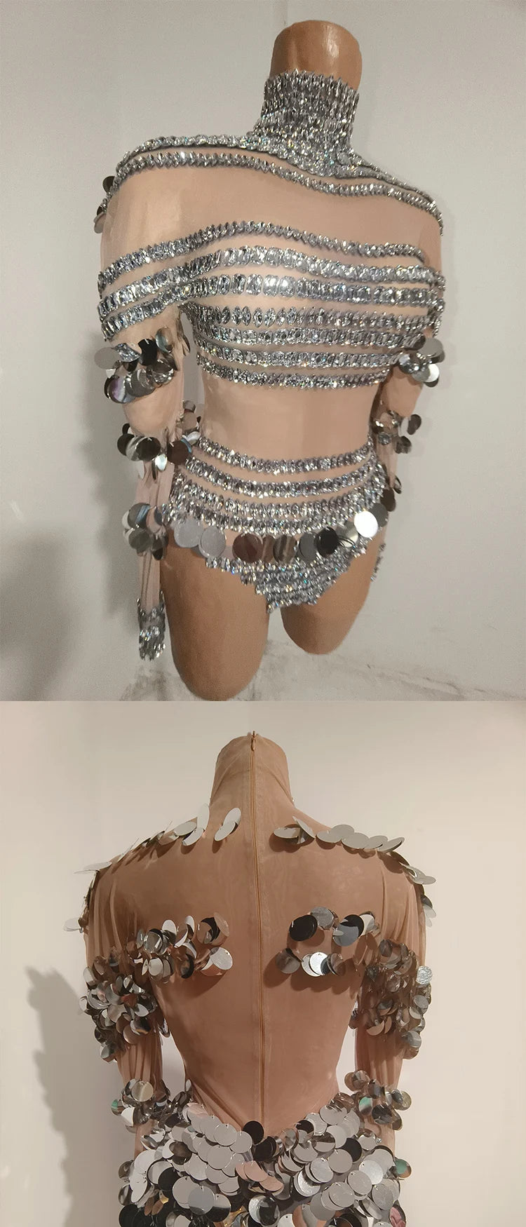 Silver Rhinestone Sequin Dance Set Women Sexy Bodysuit Gogo Latin Pole Dancing Stage Performance Wear Nightclub Drag Queen Show