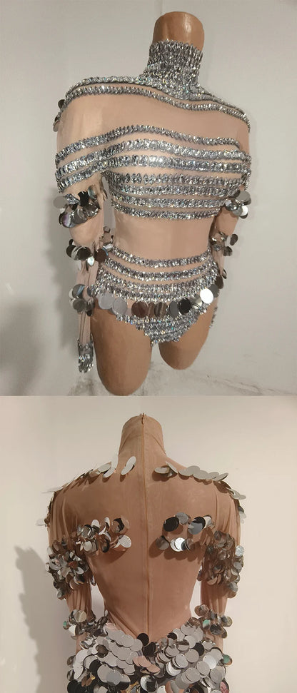 Silver Rhinestone Sequin Dance Set Women Sexy Bodysuit Gogo Latin Pole Dancing Stage Performance Wear Nightclub Drag Queen Show