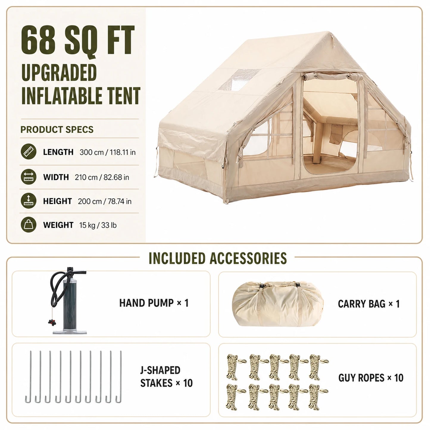 Large Luxury Inflatable Glamping Tent with Manual Hand Pump and Storage Bag, Easy Setup 4-Season Weatherproof Anti-Snow Family Air Tent for Outdoor Camping, Hiking, Backyard Parties and Wilderness Adventures