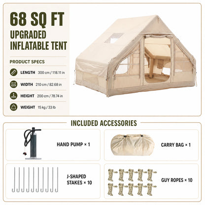Large Luxury Inflatable Glamping Tent with Manual Hand Pump and Storage Bag, Easy Setup 4-Season Weatherproof Anti-Snow Family Air Tent for Outdoor Camping, Hiking, Backyard Parties and Wilderness Adventures