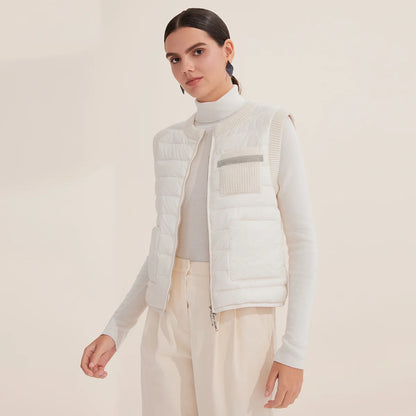 BD3521201 Goose Down Puffer Vest for Women 100% Cashmere Lightweight Warm Knit Panel Design Luxury